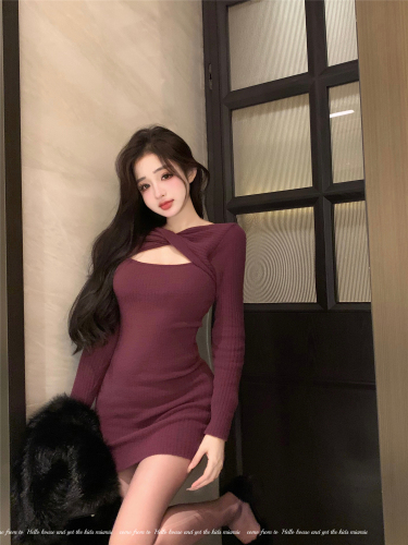 Actual shot~Designed cross knitted dress for women in autumn and winter with a waist-slimming inner skirt and a hip-hugging skirt