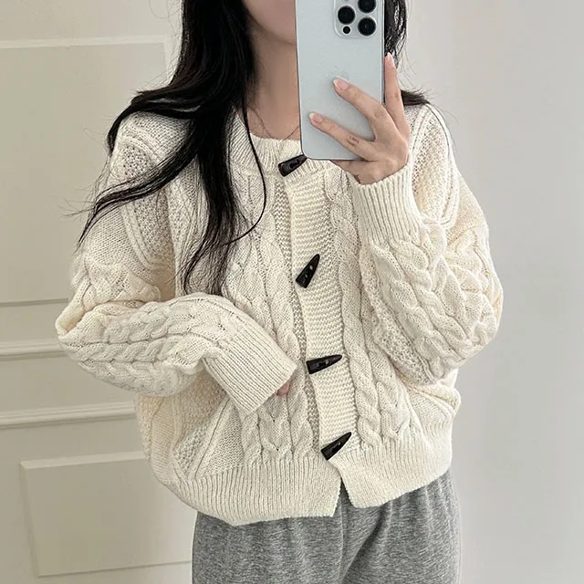 chic Korean style spring retro niche twist horn button simple casual versatile cardigan knitted sweater top