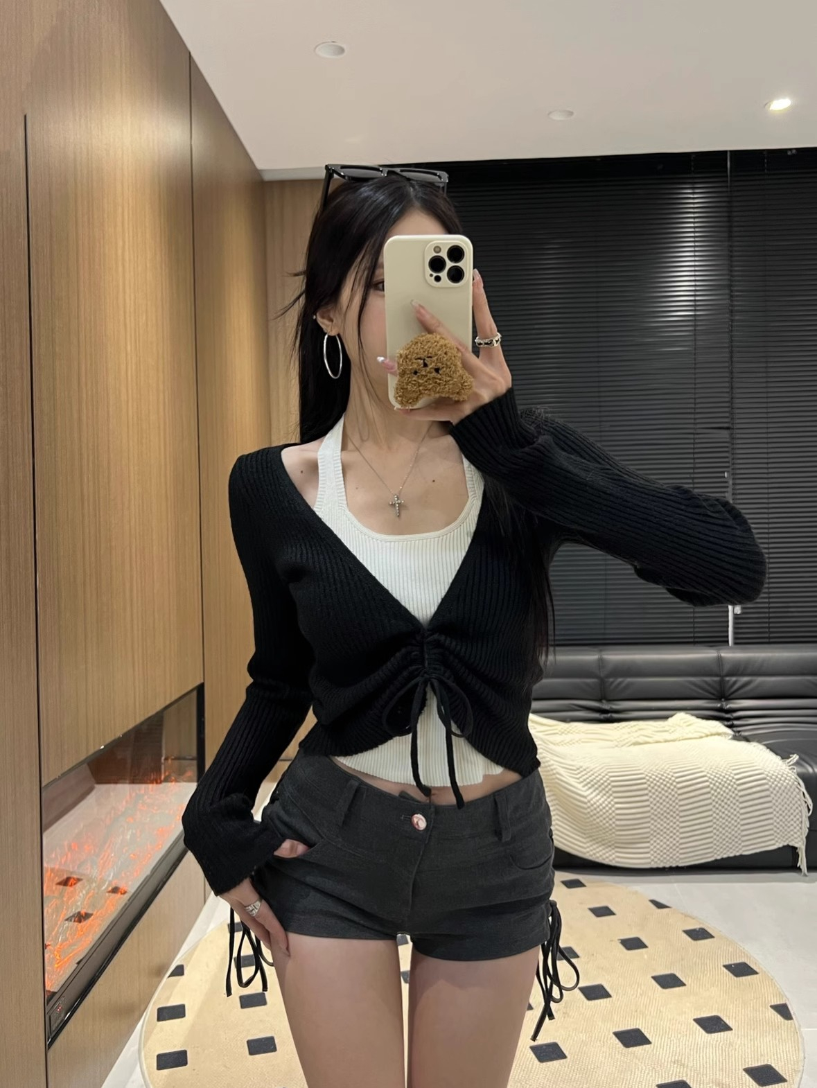 2024秋冬辣妹洋氣百搭小衫小個子掛脖假兩件收腰顯瘦短款針織衫女