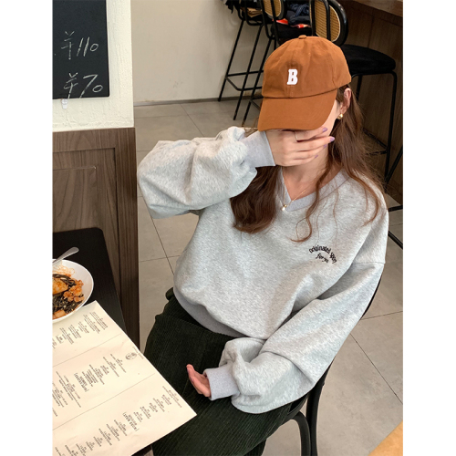 Real shot of v-neck pullover sweatshirt for women Korean style autumn and winter new lazy style top spring and autumn long-sleeved women's clothing