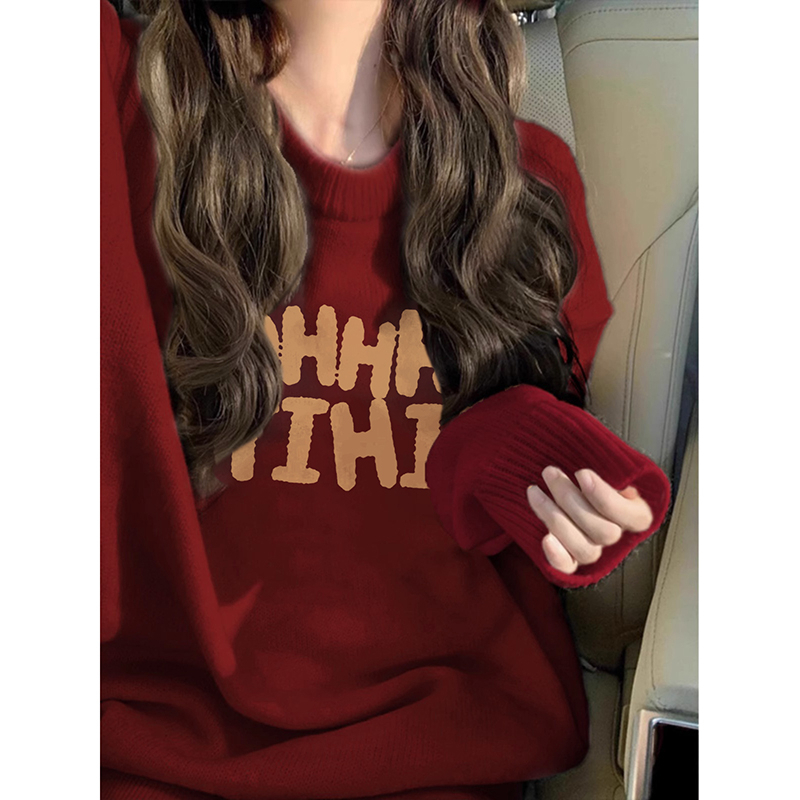 酒紅色毛衣女冬季加厚寬鬆慵懶風2024新款高級感超好看針織上衣