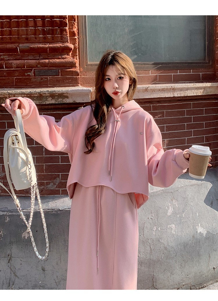鹽甜系穿搭時尚粉色衛衣套裝女秋冬新款休閒顯瘦氣質半身裙兩件套