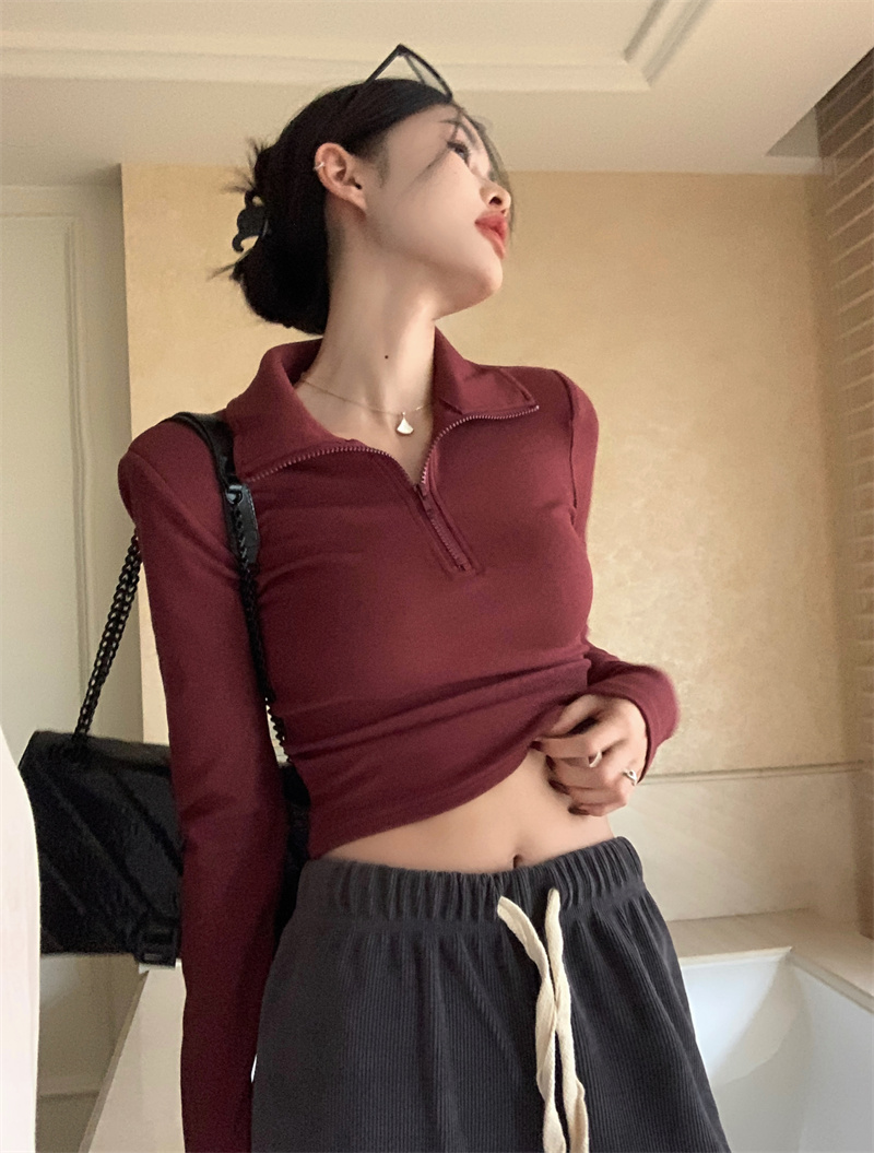 實拍 春季拉鏈設計修身百搭上衣女內搭打底衫