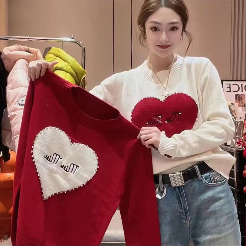 2024春季新款圓領愛心字母刺繡休閒毛衣女寬鬆減齡洋氣慵懶上衣