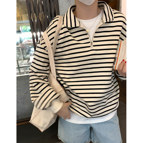 Real shot of half-zip striped sweatshirt for women, spring and autumn Korean style loose slimming short Polo lapel top