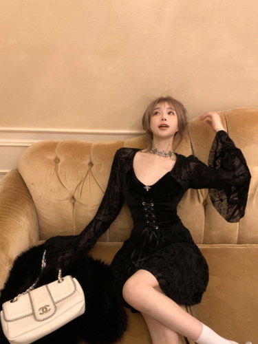 Actual shot~Retro velvet black dress for birthday, high-end feel