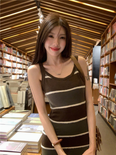 Actual shot Spring new style~French retro striped knitted contrasting suspender high waist slim dress
