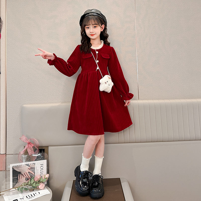 女童公主連衣裙冬裝裙中大童紅色新年服秋冬拜年裙子純色