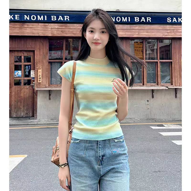 撞色條紋小飛袖冰絲針織半高領正肩短袖t恤女夏修身顯瘦短款上衣