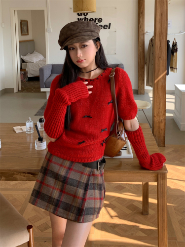 Real shot 30036 knitted sleeves bow sweater + 50035 plaid woolen pleated skirt atmospheric skirt