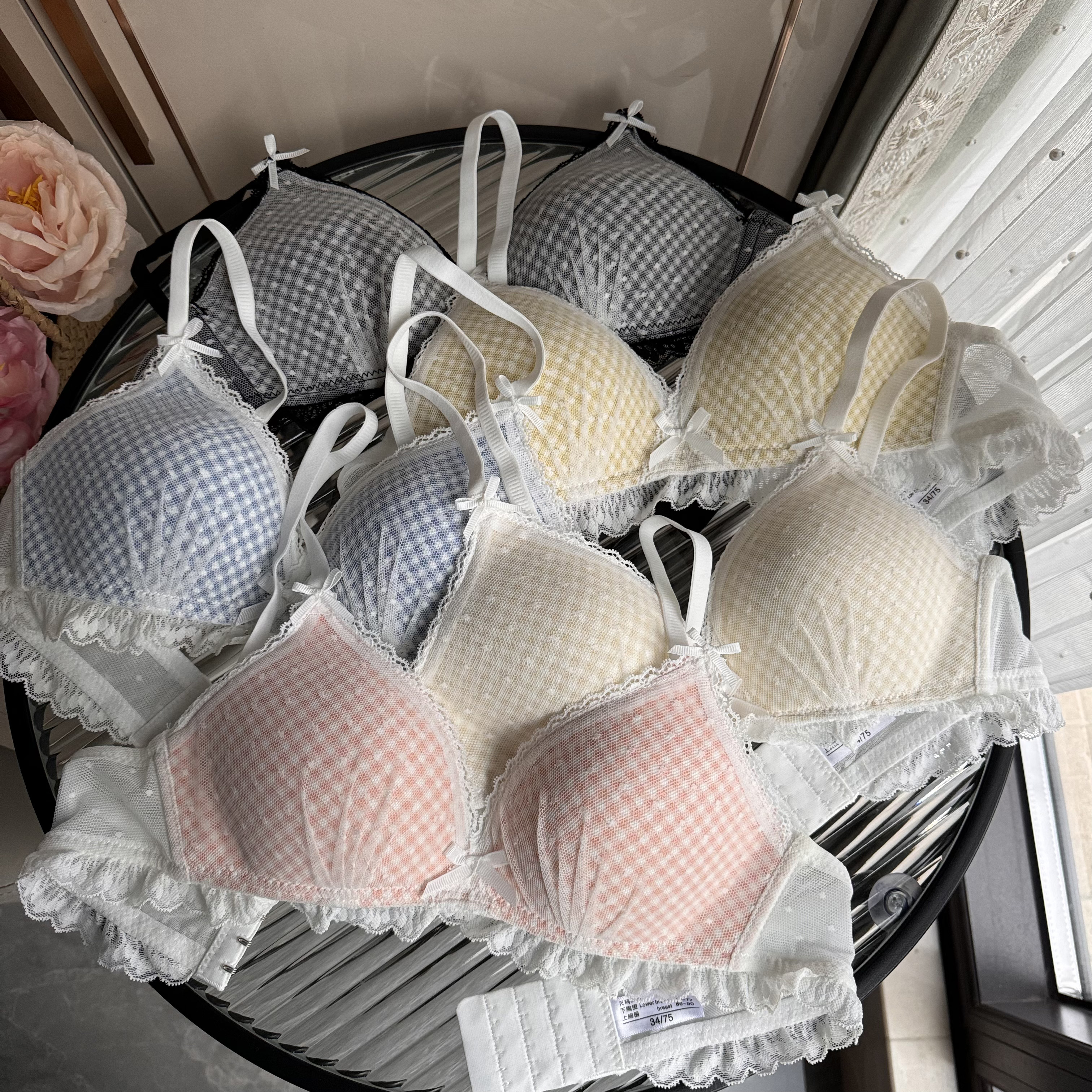 實拍日系性感蕾絲格子聚攏無鋼圈文胸少女胸罩收副乳內衣