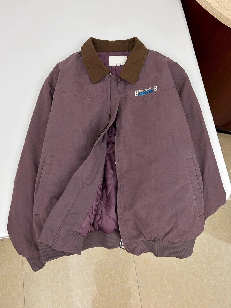 美式復古紫色工裝外套棒球服女秋冬vintage翻領夾克加厚棉衣棉服