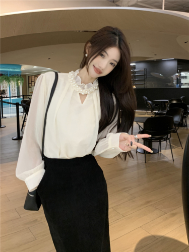 Actual shot of French half-high collar long-sleeved chiffon shirt for women, new spring style, versatile, thin, western-style shirt