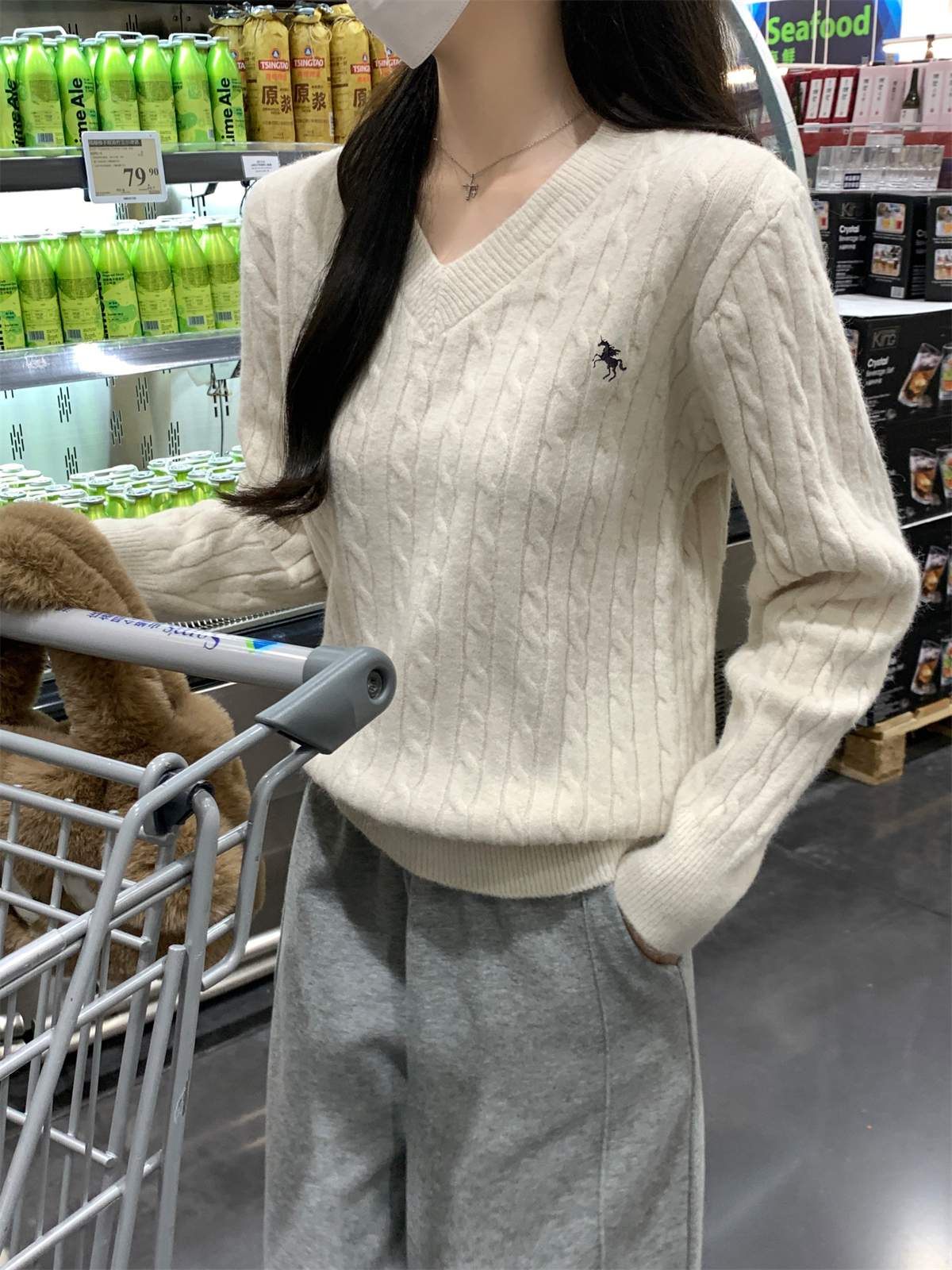 實拍 秋冬韓版寬鬆v領學院減齡軟糯麻花北極絨內搭針織毛衣女