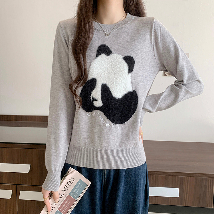實拍2024春秋寬鬆慵懶風熊貓提花長袖套頭圓領毛衣針織衫女潮上衣