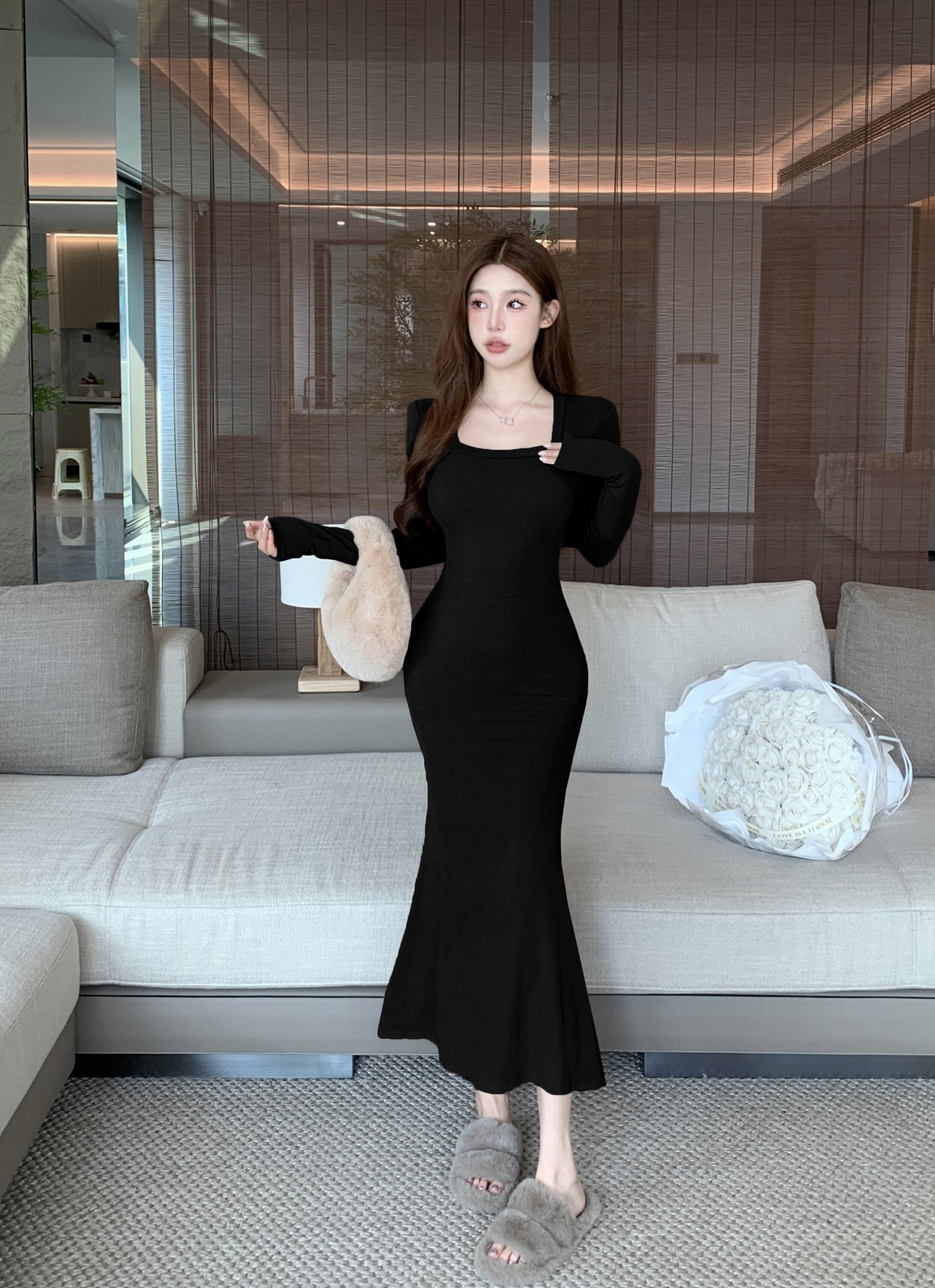 Actual shot of versatile waist-cinching French fishtail skirt, western style sexy square-neck slim-fitting dress