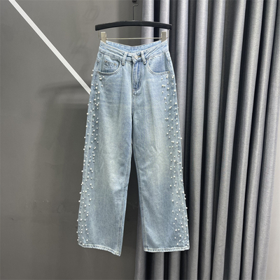 歐貨重工釘珠淺色牛仔直筒長褲女春季新款高腰顯瘦闊腿拖地褲