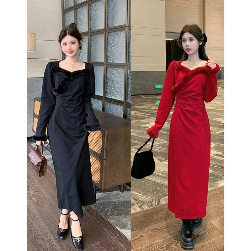 大碼女裝簡約修身X型連衣裙長裙大碼年會新年紅禮服