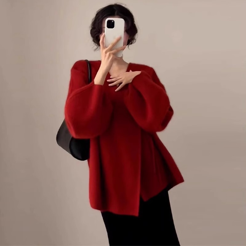 Sheep wool 2024 winter new year red sweater women's high-end knitted cardigan jacket