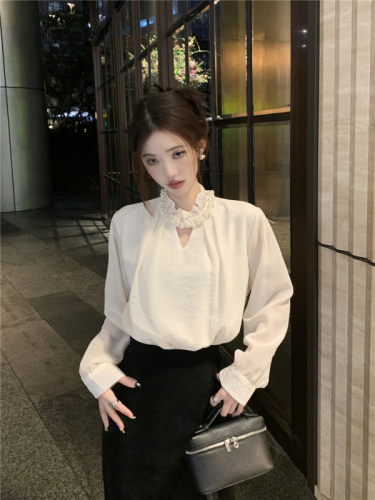 Actual shot of French half-high collar long-sleeved chiffon shirt for women, new spring style, versatile, thin, western-style shirt