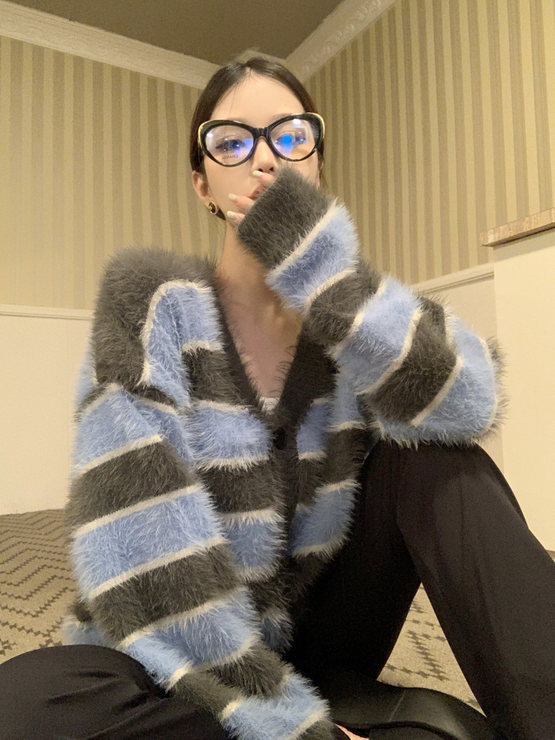 Real shot of mink velvet knitted cardigan jacket for women winter short slim striped sweater loose soft waxy top