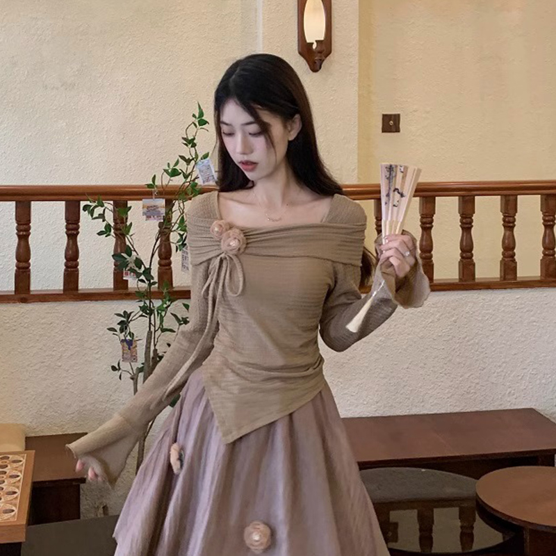 氣質女秋季設計感修身T恤一字肩上衣不規則氛圍感上衣