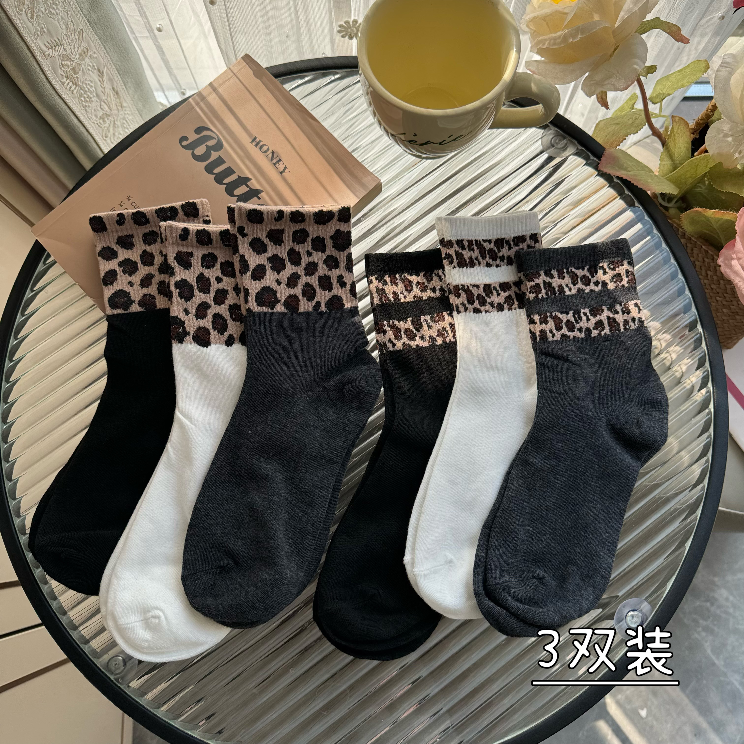 實拍純色襪子女中筒襪秋冬豹紋拼接堆堆襪長襪女襪純棉3雙裝