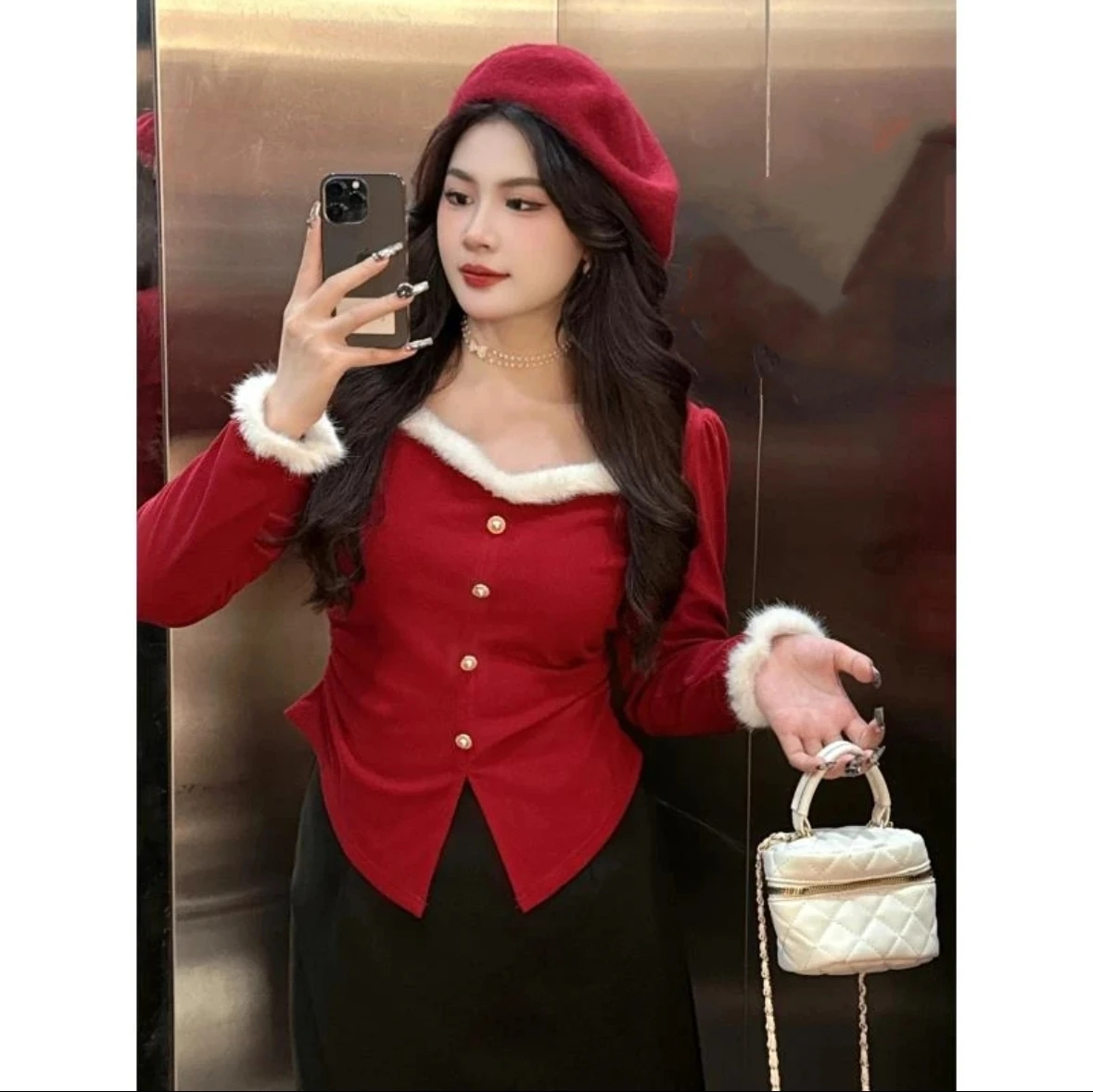 紅色方領毛毛拼接純欲風打底衫女秋冬季修身遮肉顯瘦內搭上衣