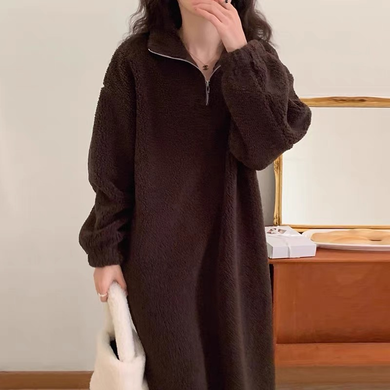 韓國chic秋冬復古慵懶風立領拉鏈寬鬆休閒長款羊羔毛連衣裙女