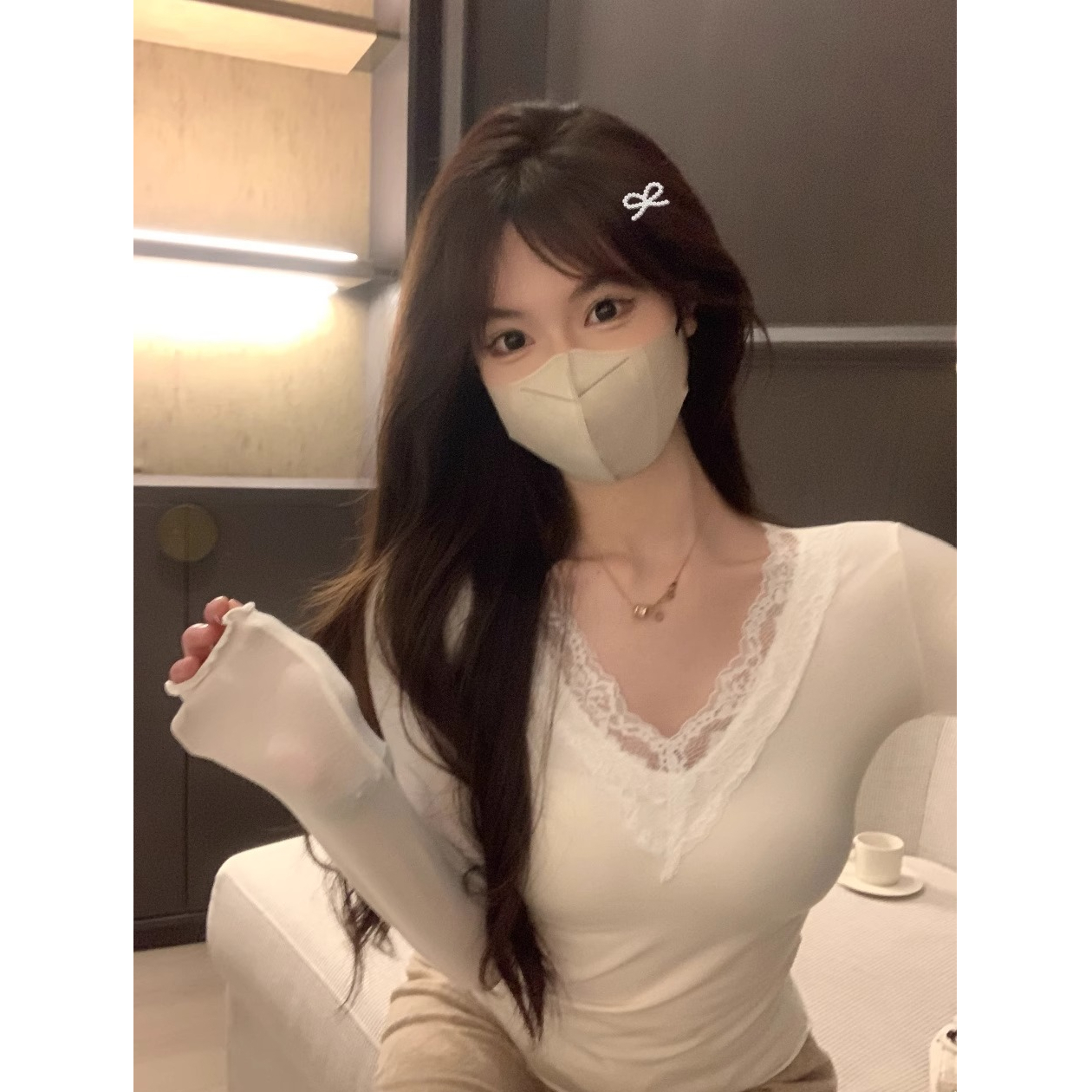 蕾絲花邊長袖v領T恤女秋冬季純欲風性感修身