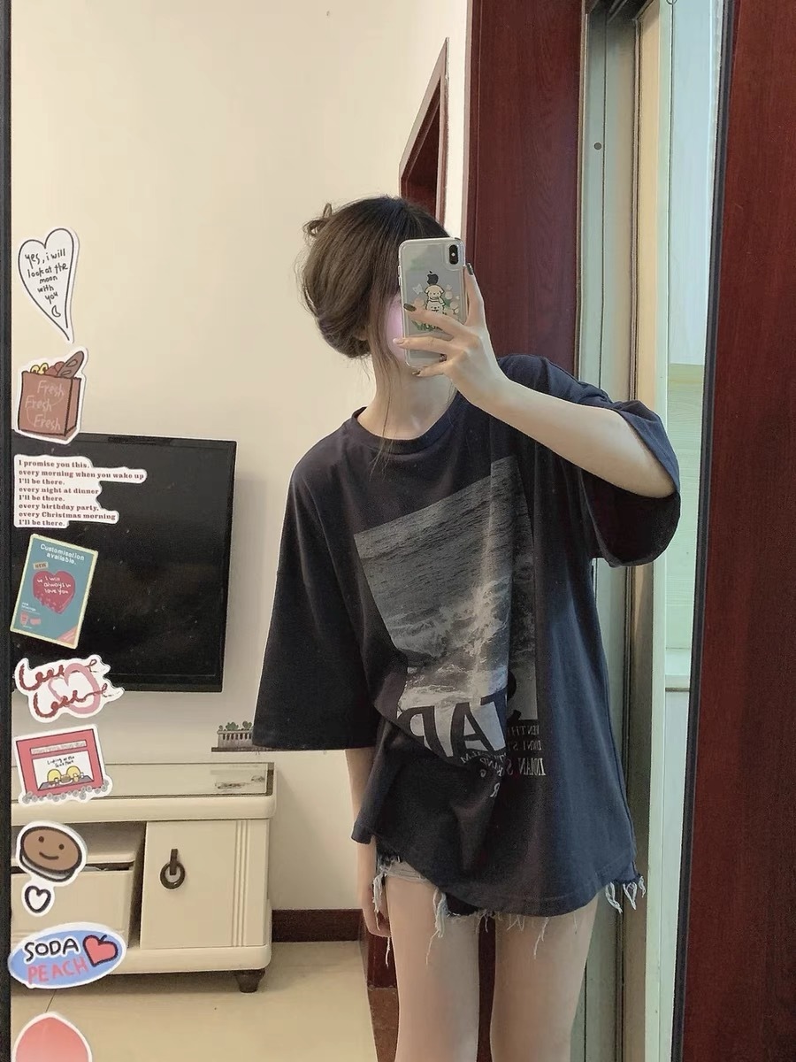官圖 重磅/精梳純棉 後包領 有縫邊 S-XXXL 夏裝短袖T恤女