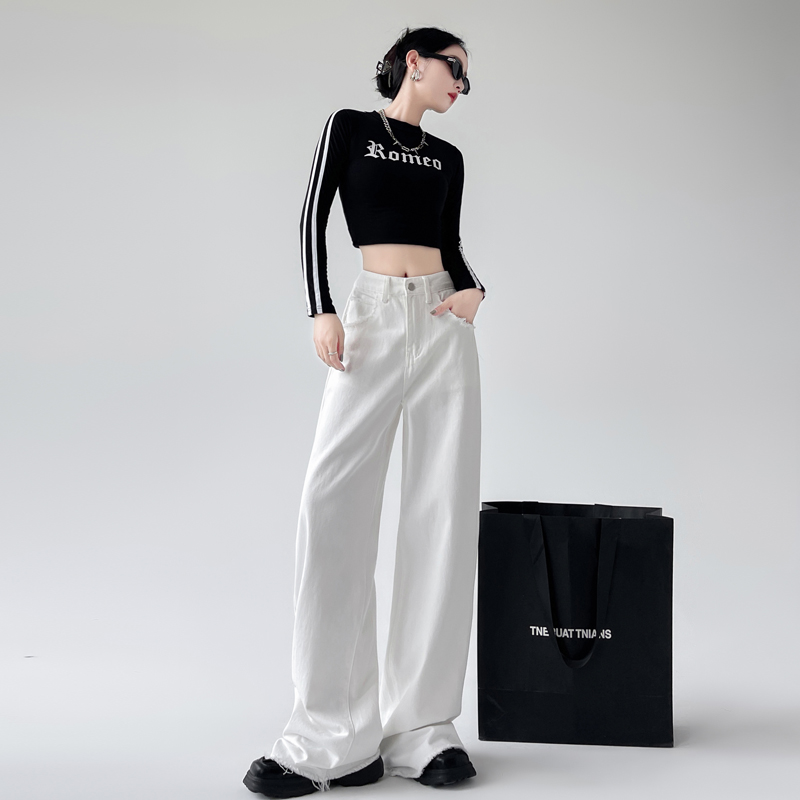 2024 real shot spring high waist raw edge white jeans women's loose slimming straight pants wide leg pants long pants