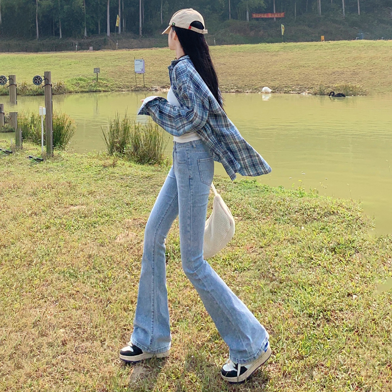 高腰微喇叭牛仔褲女春季新款緊身鎖邊顯瘦馬蹄褲子長褲&九分