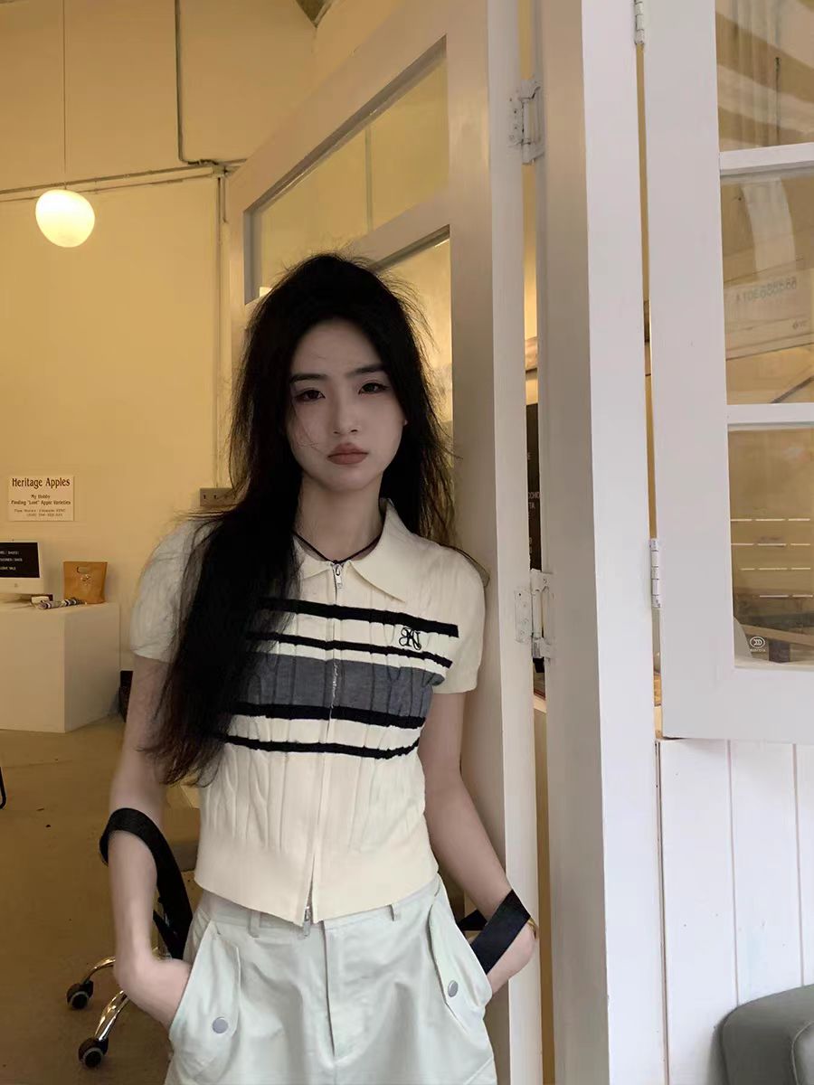 橘子樹在哪兒辣妹針織拉鏈polo領短袖女夏學院風修身正肩短款上衣
