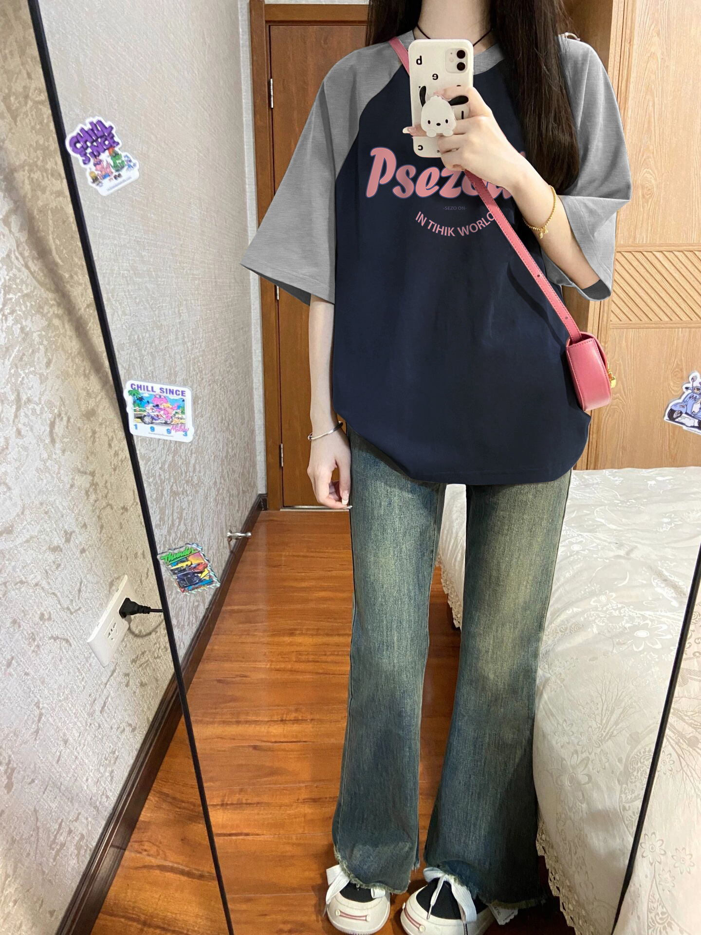 21支精梳純棉後包200克 直播品質前 印花寬鬆拼色插肩短袖t恤女