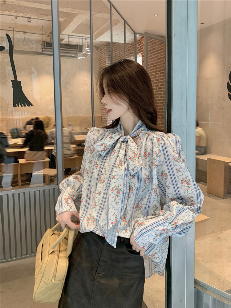 Real shot!  Early spring French style retro floral lace-up shirt for women 2024 spring versatile long-sleeved top