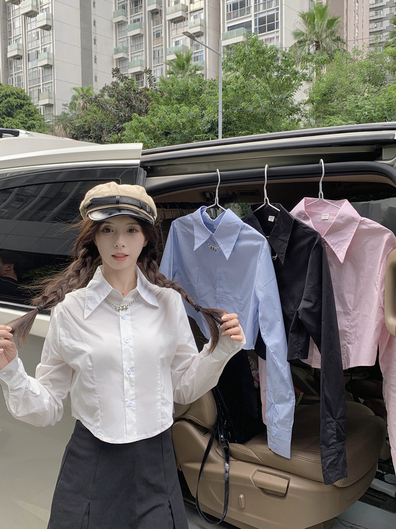 Actual shot of 2024 spring new niche solid color short shirt for women with chic design long sleeves to wear under clothes