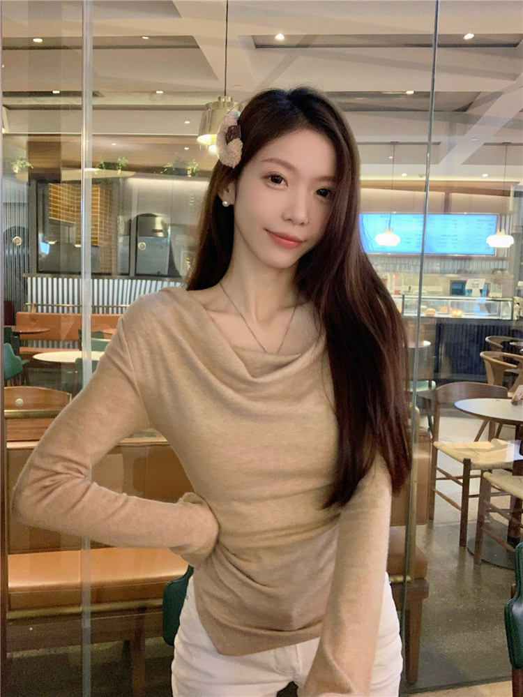 實拍~咖色露肩針織紗秋冬長袖修身一字肩套頭打底衫上衣女