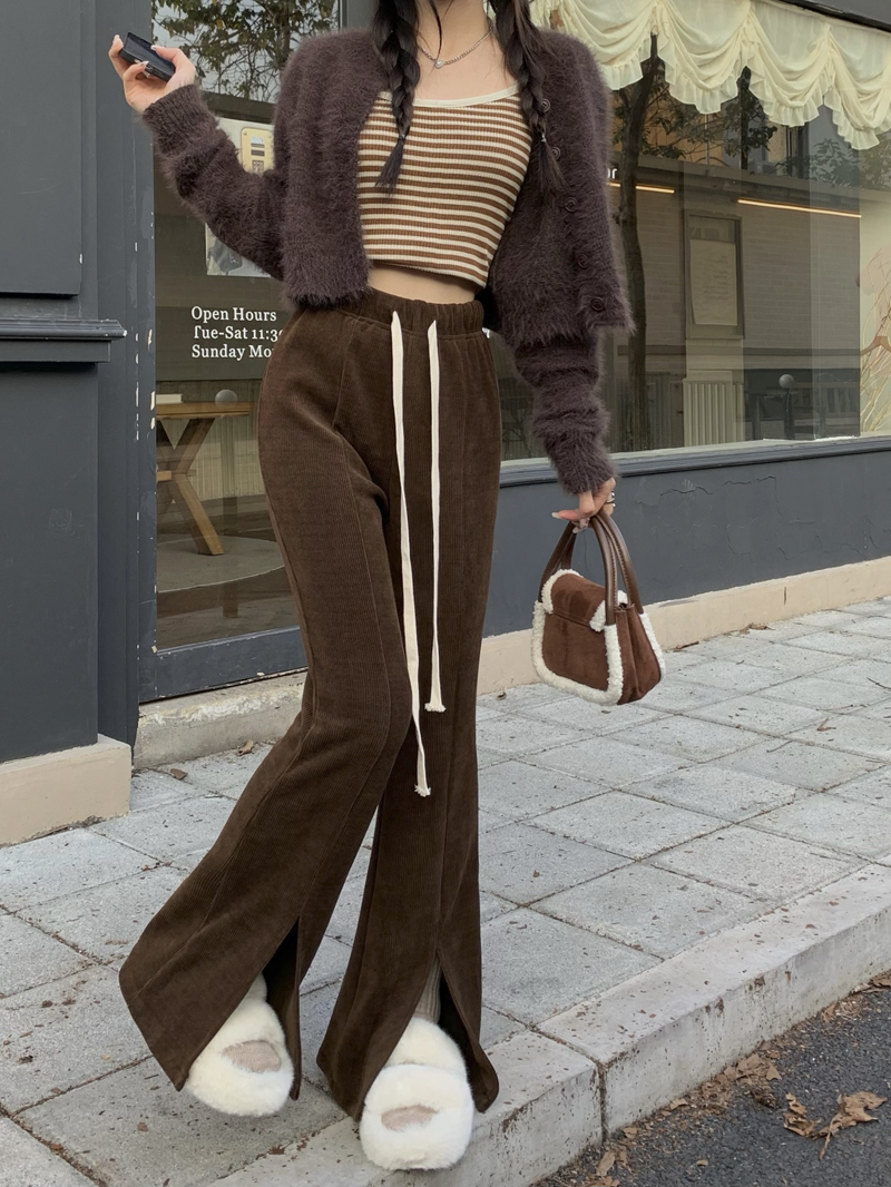 Actual shot of three standards, high-end drape elastic waist, slight slit, high-waisted casual pants, slim floor-length pants