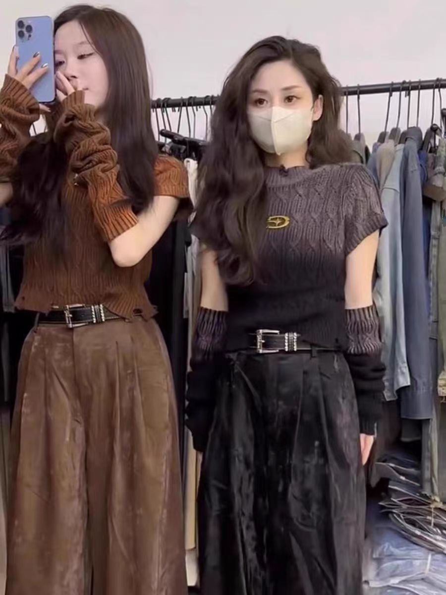 復古破洞漸變色可拆卸長袖針織衫女秋季新款洋氣百搭外穿麻花毛衣