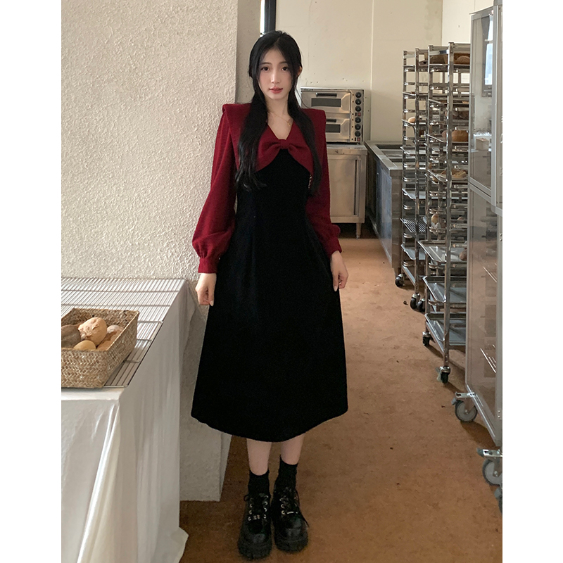 大碼胖mm秋冬赫本風高腰連衣裙美式淑女顯瘦遮肚子小個子長袖裙子
