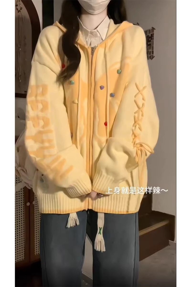 日系街頭蝴蝶綁帶開衫毛衣女秋冬寬鬆設計感軟糯加厚針織衫外套潮