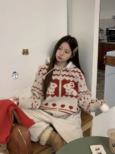 New Year atmosphere bunny red and white hooded zipper sweater atmosphere sweater for women