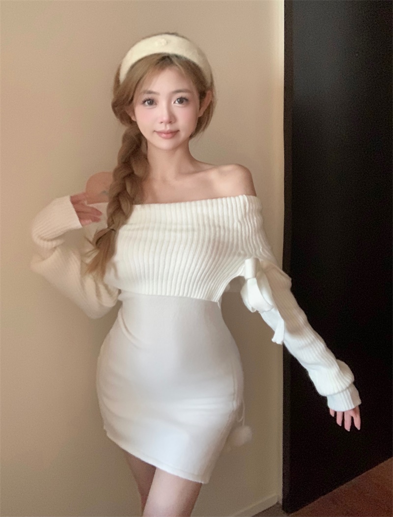 實拍 韓系白色一字肩長袖針織衫女秋冬蝴蝶結修身打底上衣