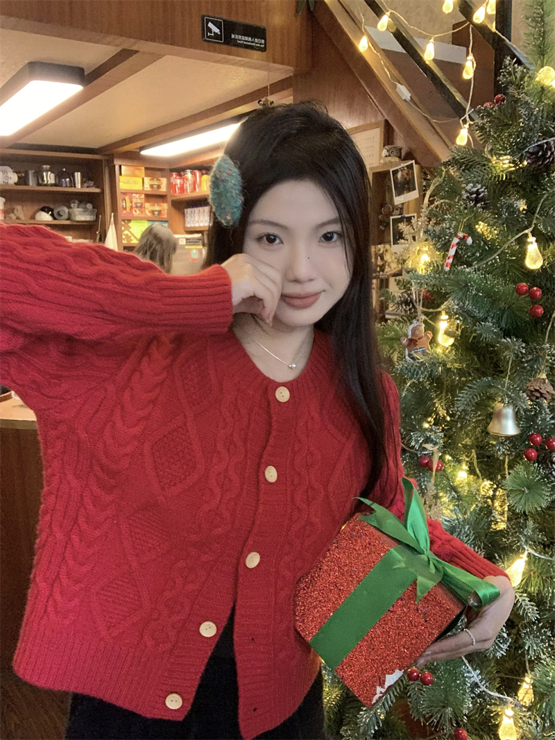實拍~ 露思穿搭 新年紅色麻花毛衣外套針織開衫上衣