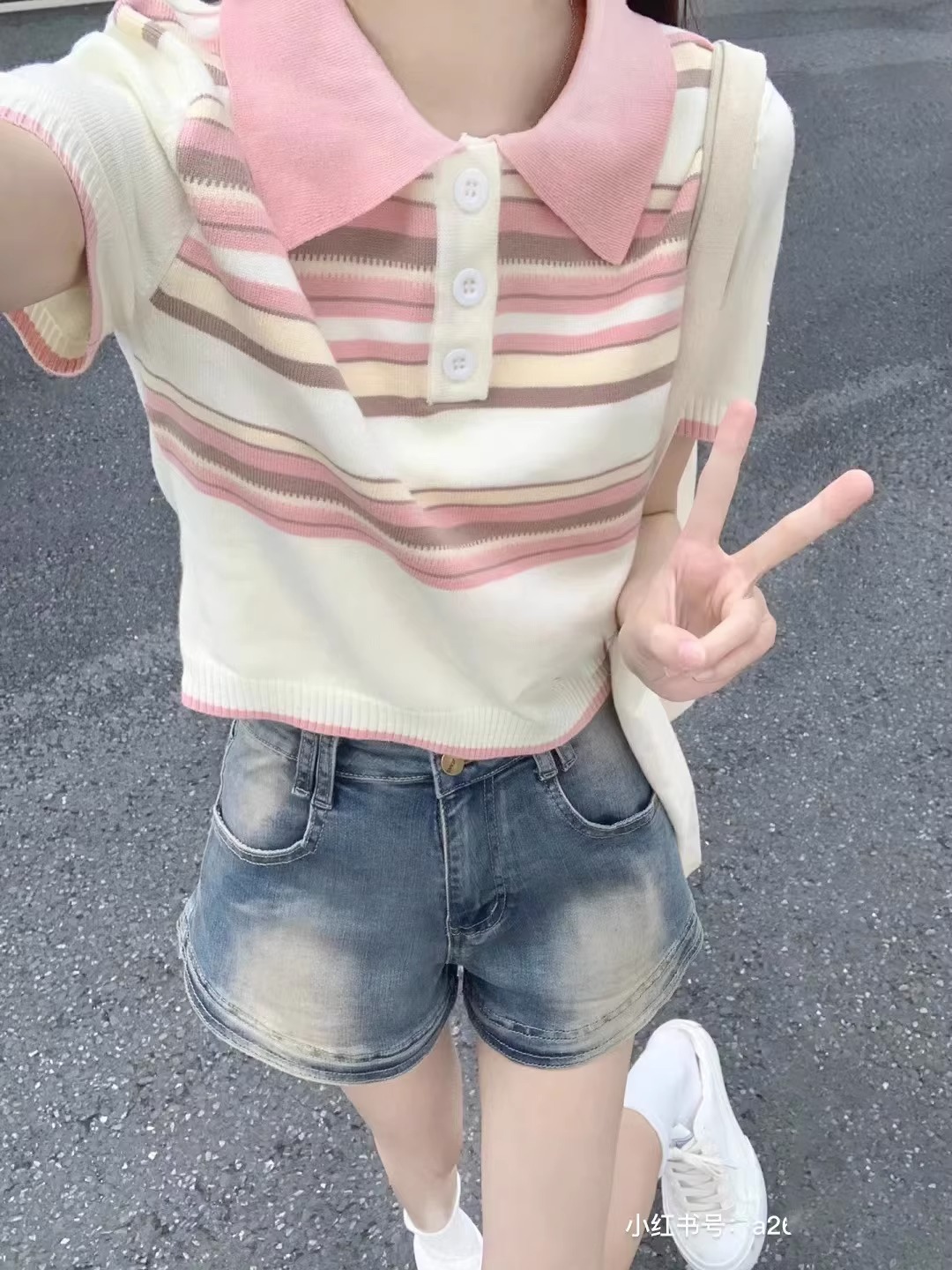 美式正肩撞色條紋短袖針織T恤女夏季修身顯瘦辣妹短款polo領上衣