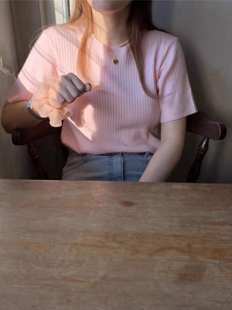 年夏季溫柔風短款修身冰絲粉色高腰針織短袖上衣女薄款洋氣