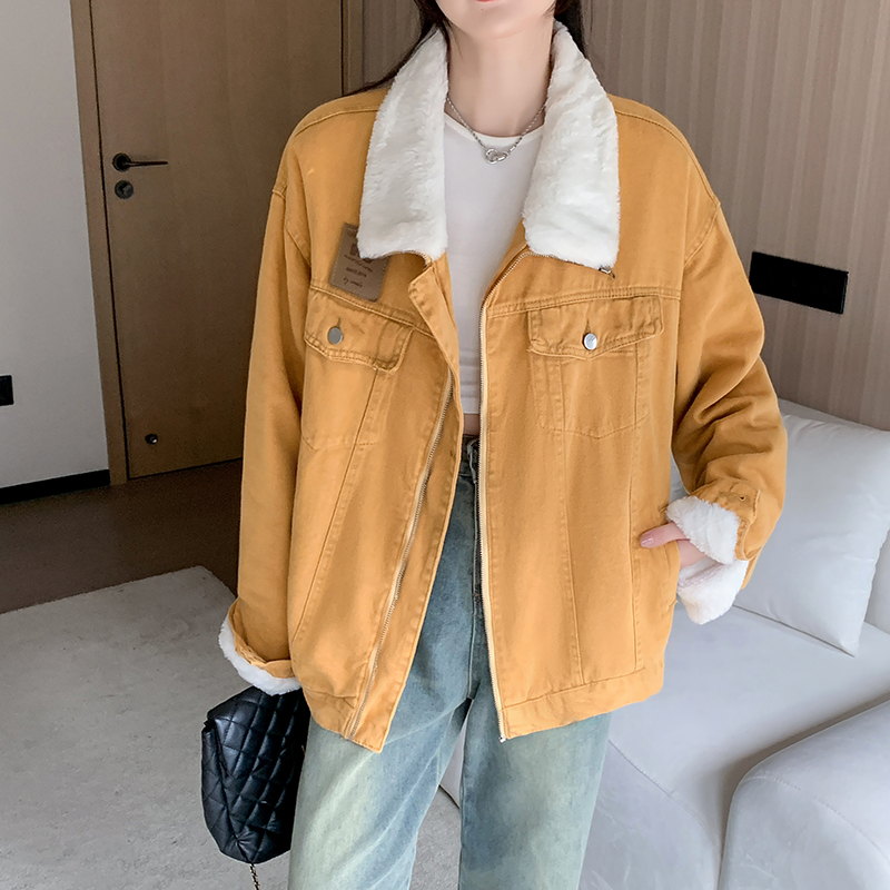 實拍~仿兔絨水洗加絨牛仔外套女冬季新款加厚保暖工裝棉襖潮