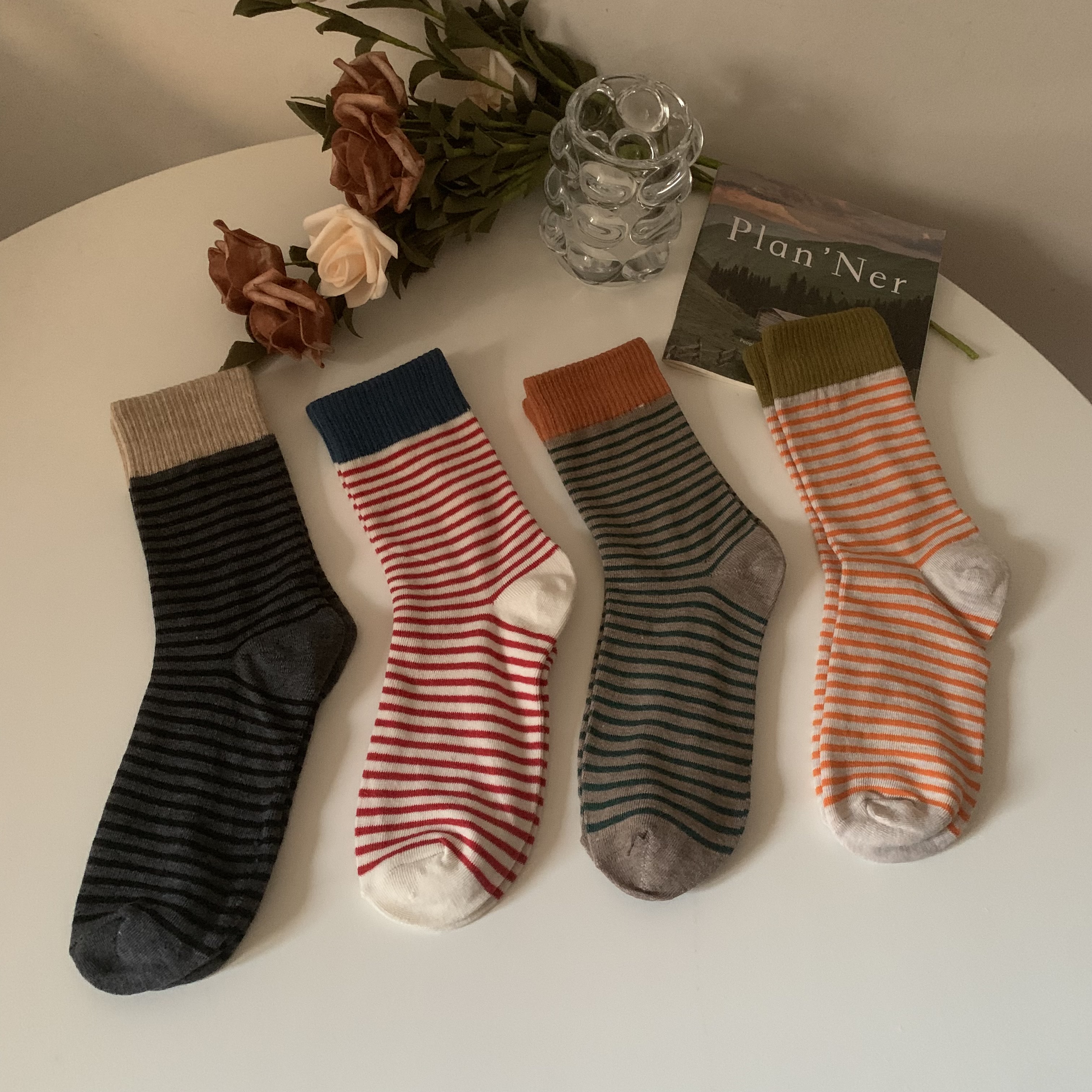 Real shot of women's autumn and winter striped cotton socks, dark gray Internet celebrity style versatile pile socks