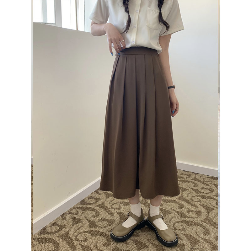 設計感小眾秋冬高腰小個子中長款百褶a字長裙子